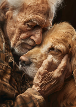 Extremely close-up Lovely sad scene with elderly man with grey hair and wrinkles hugging big red furry hunter dog. Friendship, human kindness and pet loyalty concept image.の素材