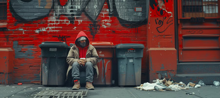 Lonely homeless caucasiaan man dressed old clothes sitting on the dirty littered narrow american big city street with bright graffiti walls. Social issues, poverty, alcohol addictions concept image.の素材