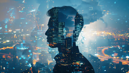 Businessman's shape silhouette reflection in huge panoramic window with incredible night city business downtown. Modern finance world money, digital communications, success business people concept.の素材