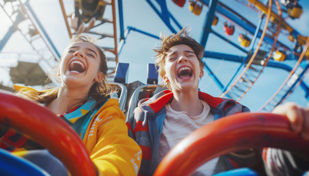 Portraits of two teenagers couple in love or brother and sister emotional screaming and laughing moment while they enjoying Roller coaster Funny time attraction ride on city carnival entertainment.の素材