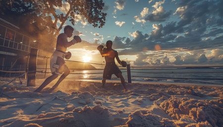 Two Sweaty Boxers Warriors on sunset beach box ring during evening practice. Young fit muscular men in Gloves and shorts sunset outdoor training. Active sporty people hard work concept.の素材