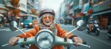 Cheerfully smiling Grandma Asian Ethnicity in helmet on motor Scooter riding narrow city streets, Celebrating Retirement Benefits, Joyful Adventures. Happy elder retired people and travel conceptの素材