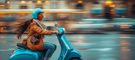 Young Indian Ethnicity woman on green motor Scooter riding big Indian city streets side shoot with blurred motion background. Happy people, city traffic issues, traveling conceptの素材