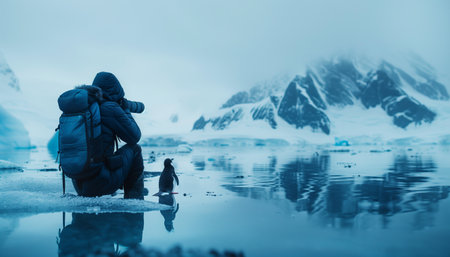 Capturing Nature's Beauty: A Professional Photographer with Modern Camera and Tripod amidst Iceberg Landscape, Accompanied by Penguins. Illustrating Ecology and Climate Change Conceptsの素材