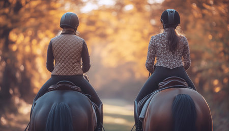 Two horseback riders, seen from behind, moving along country path during golden hour. Riders in equestrian gear. Warm light highlights horses, autumnal trees. Luxury horses polo competition conceptの素材