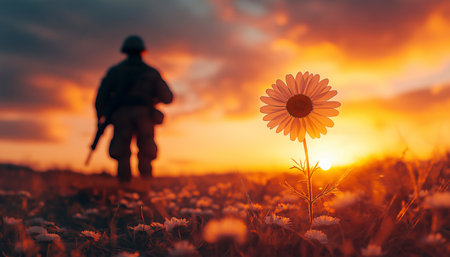 Chamomile flower in sharp focus surrounded by flying debris with soldier's silhouette blurred against dramatic golden sunset. Highlights vivid colors, contrasting fragility of flower with resilience.の素材