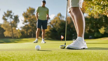 Two men playing golf on sunny green course. Focus on one preparing to putt, wearing white sneakers with golf club and ball in foreground. Vibrant outdoor scene emphasizing precision and recreationの素材