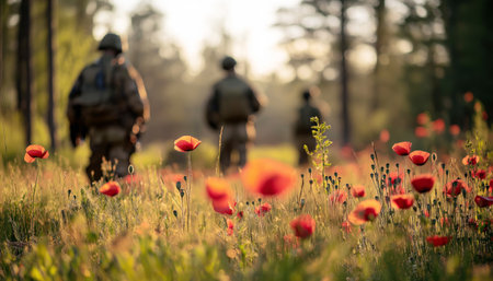 Cold morning light over vibrant poppy field in bloom, showcasing red flowers with detailed textures. Blurred silhouette of soldiers squad in uniforms, helmets and rifles contrasting beauty and duty.の素材