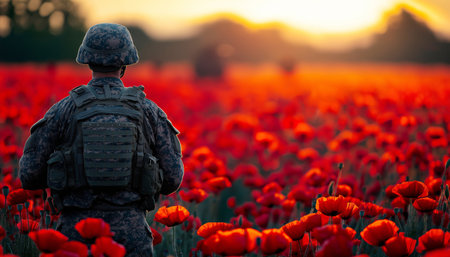 Cold morning light over vibrant poppy field in bloom, showcasing red flowers with detailed textures. Blurred silhouette of soldiers squad in uniforms, helmets and rifles contrasting beauty and duty.の素材