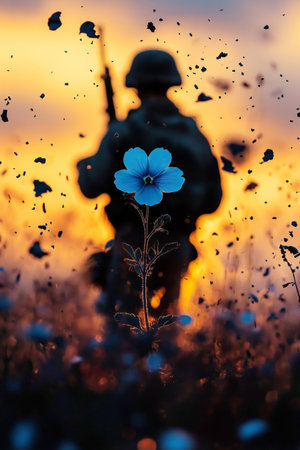 Blue flower in sharp focus surrounded by flying debris with soldier's silhouette blurred against dramatic golden sunset. Highlights vivid colors, contrasting fragility of flower with resilience.の素材