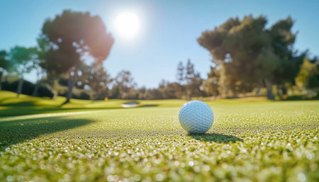 Golf ball resting on sunlit green field with sparkling dewdrops under bright morning sun. Vibrant trees, lush surroundings create a serene and focused atmosphere ideal for outdoor sports enthusiastsの素材