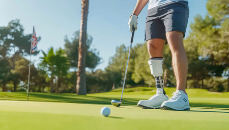 Man playing golf on sunny day. He has modern prosthetic leg. Focus on man lining up putt wearing polo and shorts. Lush green course, white golf balls and flagpole emphasize inclusion and determinationの素材