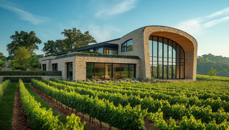 Modern winery architecture amidst green vineyards under clear blue sky. Stone design with contemporary curves in serene rural landscape. View highlights symmetry vibrant greenery and innovationの素材