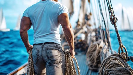 Fit man in his mid-30s, wearing white t-shirt, standing on sailboat deck, holding ropes. Vibrant blue ocean and sailboats in background, sunlit atmosphere, embodying freedom, adventure, summer vibes.の素材