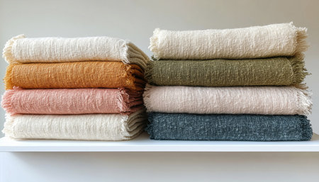 Stacked folded fabric in soft tones like beige, pastel pink, olive green, and terracotta on white pedestal against a seamless background. Diffused light highlights texture captured in modern bathroomの素材