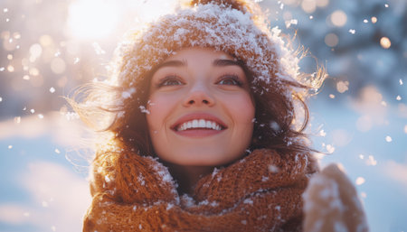 Joyful woman under fresh snowflakes snowfall. Captured in crisp winter light, highlighting carefree spirit, happiness, and seasonal fun. Vibrant snowy outdoor backdrop. Winter holidays concept image.の素材