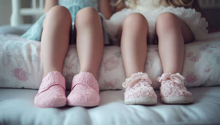 Two children sitting on bed, wearing vintage-style pink slippers. Soft natural light fills cozy setting. Close-up highlights footwear details, creating nostalgic warm atmosphere. Kid's Fashion conceptの素材