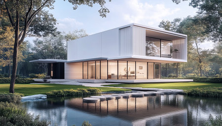 Modern two-story house with large glass windows, clean lines, surrounded by lush greenery near a serene pond. Sleek architecture emphasizes open spaces, natural light, golden-hourの素材