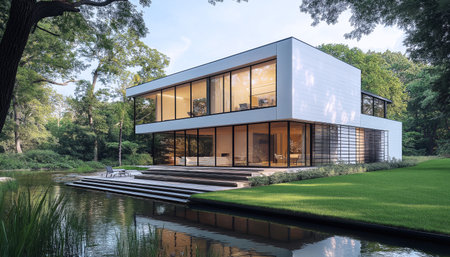 Modern two-story house with large glass windows, clean lines, surrounded by lush greenery near a serene pond. Sleek architecture emphasizes open spaces, natural light, golden-hourの素材