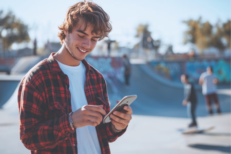 Young man in his early 20s at skate park on sunny day dressed in red plaid shirt with skateboard while smiling at smartphone. Vibrant ramps, graffiti, blurred figures background. Active people conceptの素材