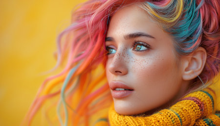 High detailed close up portrait of young female with Dyed Multi Colors Hair hairstyle and brighty make-up on vibrant Yellow wall. Modern teens expressional serene outlook with individuality accent.の素材