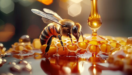 Pouring Honey Close-up, bee on honeycomb, with golden honey visible in cells. This detailed shot captures bee's fuzzy body and intricate honeycomb texture. Perfect for honey, food, and nature themesの素材