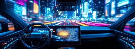 futuristic self-driving taxi car navigating through a vibrant neon-lit cityscape at night. Interior view focuses on high-tech LED dashboard, glowing softly with intuitive controls and navigation panelの素材