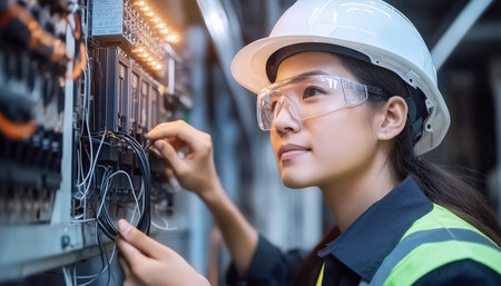 Focused scene of working Technician woman wearing hard hat, safety glasses, high-visibility vest connecting wires on electrical panel. Women's job, electrical and technology concept.の素材