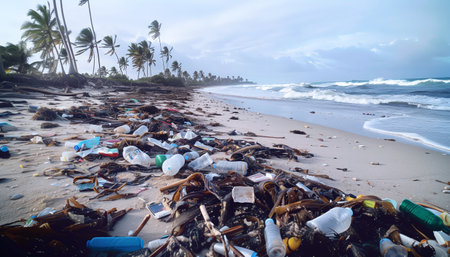 Pollution Crisis: Beach Devastation - Plastic waste blankets shore, underscoring need for action. Bottles, debris mar tropical beauty spotlighting global problem Eco issues and Earth Day concept.の素材