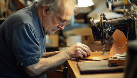 Old craftsman focused stitching leather at industrial sewing machine in warm workshop. Muted light from lamp highlights hands, machine, leather texture and vintage tools, capturing artisan dedication.の素材