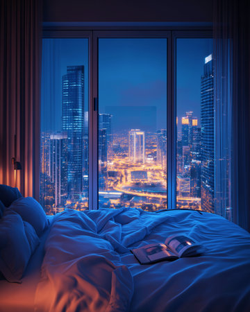 Night scene from luxury bedroom overlooking vibrant cityscape.Unmade bed white sheets softly lit by city lights through floor-to-ceiling window. Skyscrapers and light trails evoke calm urban ambianceの素材