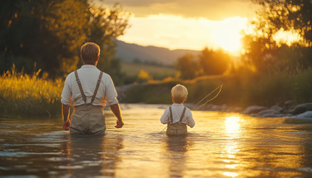 Father and blonde son wear same light colour linen shirts with suspender staying in mountain river waters in Waders and Angling using FLY FISHING RODS with lines lifted with sunset lightの素材