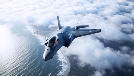 Top view of modern Fighting stealth multirole combat aircraft flying above clouds over deserted dry mountains and desert below. Military technology and defence industry conceptの素材
