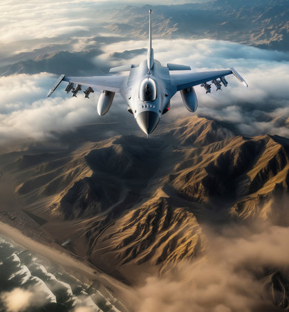 Top view of modern Fighting single-engine supersonic multirole fighter aircraft flying above clouds over deserted dry mountains and desert below. Military technology and defence industry conceptの素材