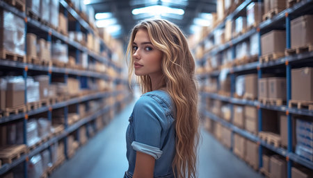 Young smiling woman portrait in Huge fulfillment e-commerce center company. Surrounded by stocked shelves, she navigates the aisles, selecting items for her shoppingの素材