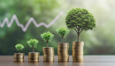 Financial growth concept image featuring stacks of gold BITcoins of increasing height symbolizing stages of growth investment, magic of compounding effect. Retirement and succes investment concept.の素材