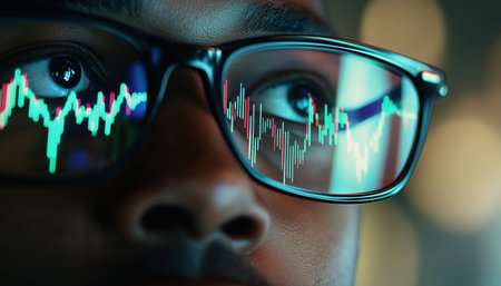 Man's face with glasses, reflecting digital stock charts, line graphs, and data. Green-blue glow lights up lenses in low lighting, capturing intense focus, finance, and data-driven atmosphereの素材