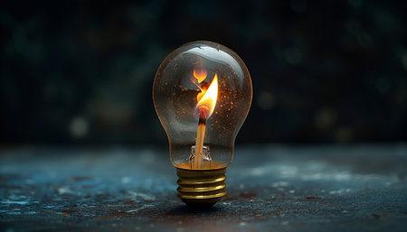 Surreal image of light bulb with single burning matchstick inside on Black background emphasizes contrast with dramatic lighting for striking visual effect. Energy resourses, economy, blackout conceptの素材
