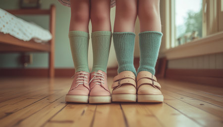 Little girls on laminate floor, wearing vintage-style pink footwear in lace-up leather shoes with green socks. Soft natural light blurred background warm nostalgic atmosphere. Kids fashion conceptの素材