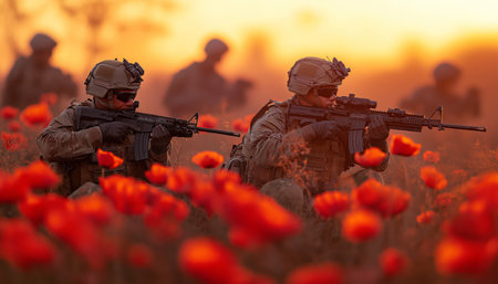 Cold morning light over vibrant poppy field in bloom, showcasing red flowers. American soldiers squad in uniforms, helmets and rifles contrasting beauty and duty. Military industry and War conflictsの素材