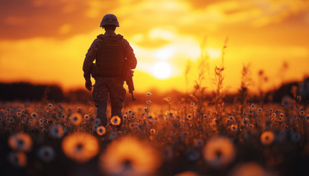 Modern Soldier's silhouette against dramatic golden sunset. Flower field surrounded the real man with rifle  with Highlights vivid colors, contrasting fragility of flower with resilience.の素材