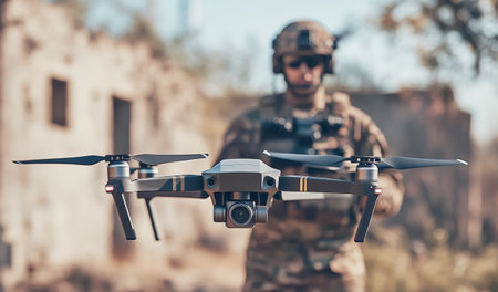 Military operator in camouflage uniform and helmet controlling drone with remote control. Drone in flight ready for exploaring combat intelligence data. Modern military technology in action conceptの素材