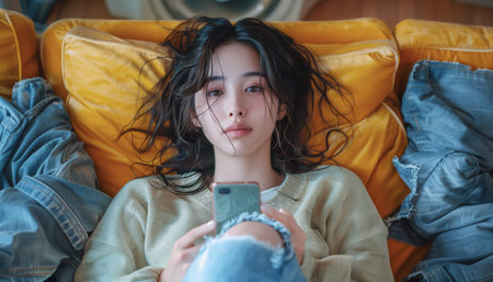 Top-down view of young Asian woman relaxing on sofa, wearing green sweater ripped jeans holding smartphone. Cozy living room with natural light, conveying comfort, leisure, modern lifestyleの素材