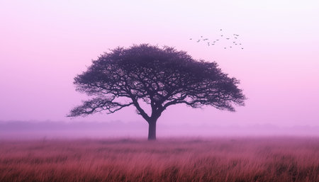 Serene landscape image shows lone tree in open field with tall golden grass, soft pastel sky in purple pink tones. Birds fly above evoking calm movement. Low-angle view enhances minimalist tranquilityの素材