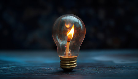 Surreal image of light bulb with single burning matchstick inside on Black background emphasizes contrast with dramatic lighting for striking visual effect. Energy resourses, economy, blackout conceptの素材