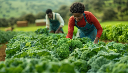 Green salad harvesting moment. Two workers in the field collecting healthy broccoli plants. Agriculture industry and local small business concept image.の素材