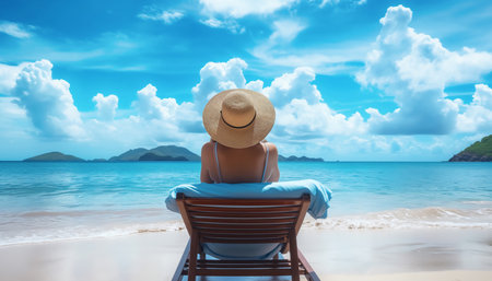 Woman lounging on beach deck chair wearing straw hat gazing at calm ocean. Soft sunlight, blue sky, scattered clouds, distant green hills, warm sand and gentle waves - calm mental health sources.の素材