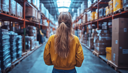young woman pushes a shopping cart while making weekly purchases in a large fulfillment center warehouse. Surrounded by stocked shelves, she navigates the aisles, selecting items fの素材