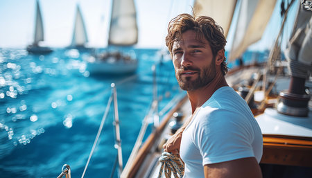 Fit man in his mid-30s, wearing white t-shirt, standing on sailboat deck enjoying a sea. Vibrant blue ocean and sailboats in background, sunlit atmosphere, embodying freedom, adventure, summer vibes.の素材
