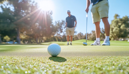 Two men playing golf on sunny green course. Focus on one preparing to putt, wearing white sneakers with golf club and ball in foreground. Vibrant outdoor scene emphasizing precision and recreationの素材